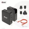 CLUB3D International Travel Charger 140W GaN technologija, keturių prievadų USB Type-A (1x) ir -C (3x), PPS + Power Delivery (PD) 3.1 palaikymas