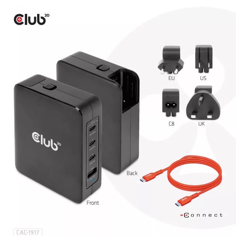 CLUB3D International Travel Charger 140W GaN technologija, keturių prievadų USB Type-A (1x) ir -C (3x), PPS + Power Delivery (PD) 3.1 palaikymas