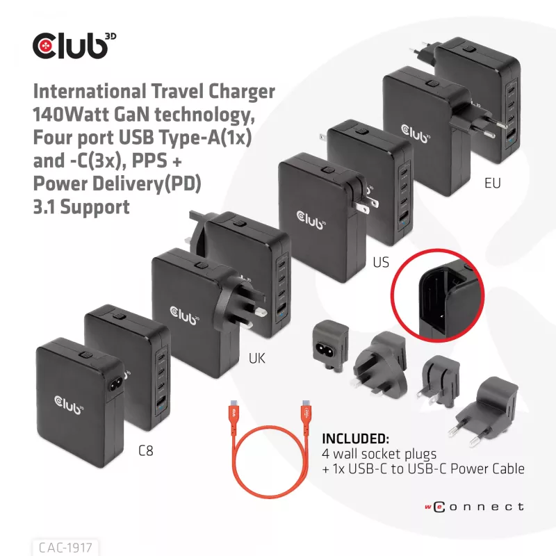 CLUB3D International Travel Charger 140W GaN technologija, keturių prievadų USB Type-A (1x) ir -C (3x), PPS + Power Delivery (PD) 3.1 palaikymas