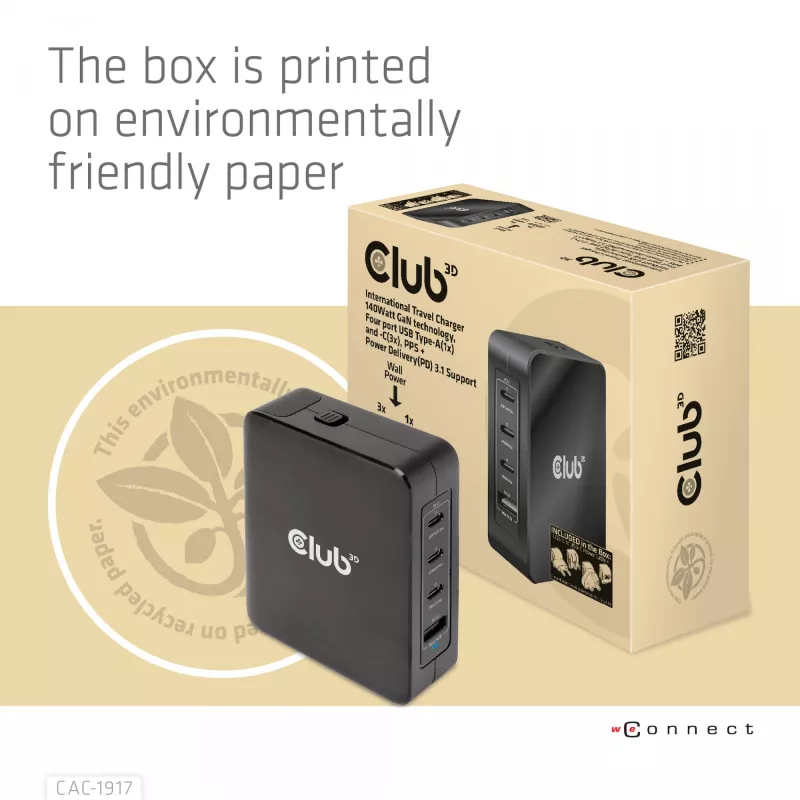 CLUB3D International Travel Charger 140W GaN technologija, keturių prievadų USB Type-A (1x) ir -C (3x), PPS + Power Delivery (PD) 3.1 palaikymas