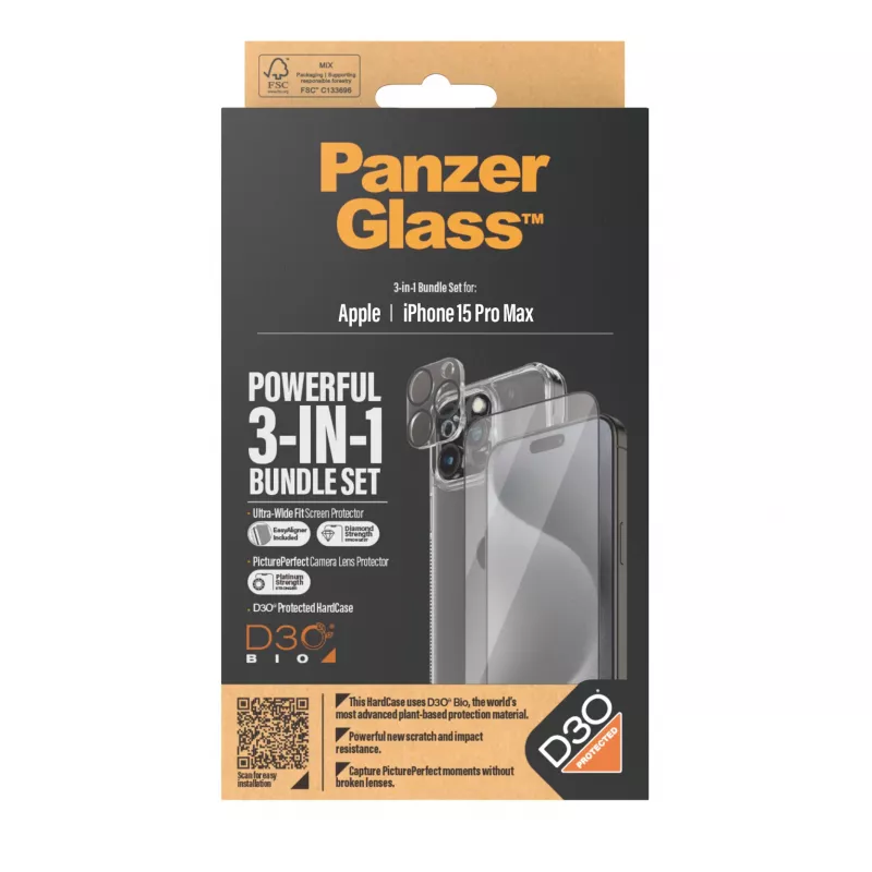 PanzerGlass ® 3-in-1 rinkinys iPhone 15 Pro Max, Apple, Apple - iPhone 15 Pro Max, sausas užklijavimas, atsparus smūgiams, permatomas, 1 vnt.
