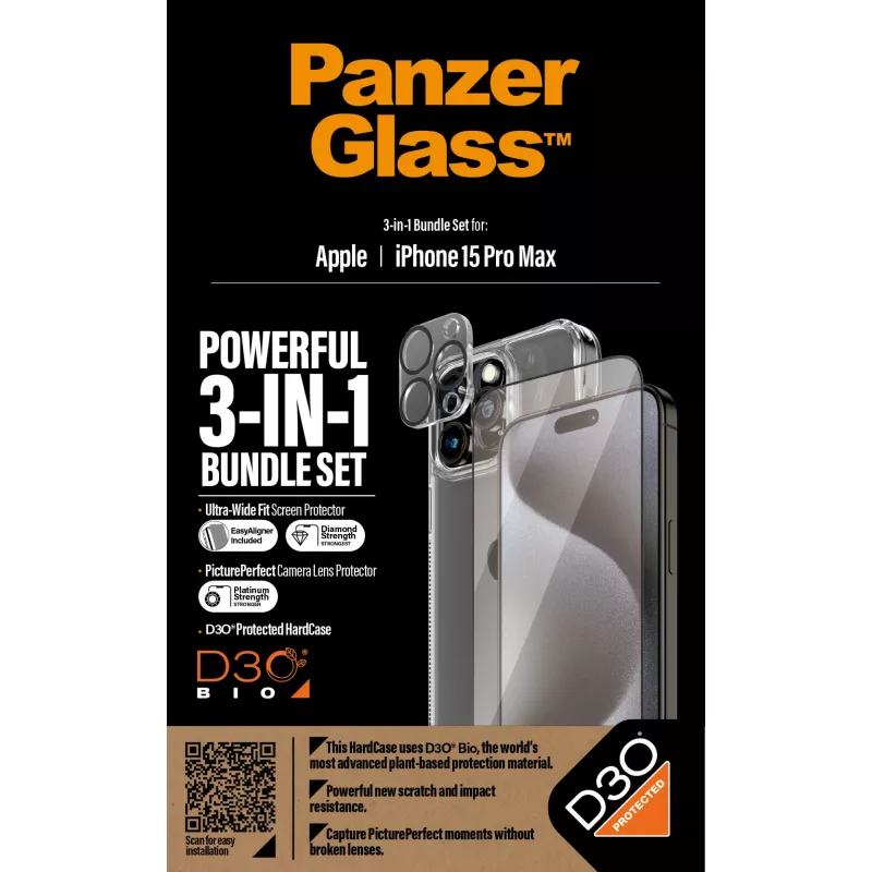 PanzerGlass ® 3-in-1 rinkinys iPhone 15 Pro Max, Apple, Apple - iPhone 15 Pro Max, sausas užklijavimas, atsparus smūgiams, permatomas, 1 vnt.