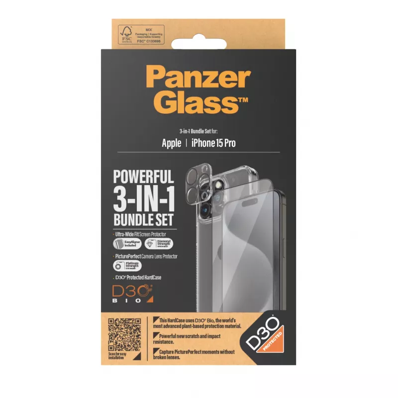 PanzerGlass 3-in-1 rinkinys iPhone 15 Pro grūdintas stiklas permatomas