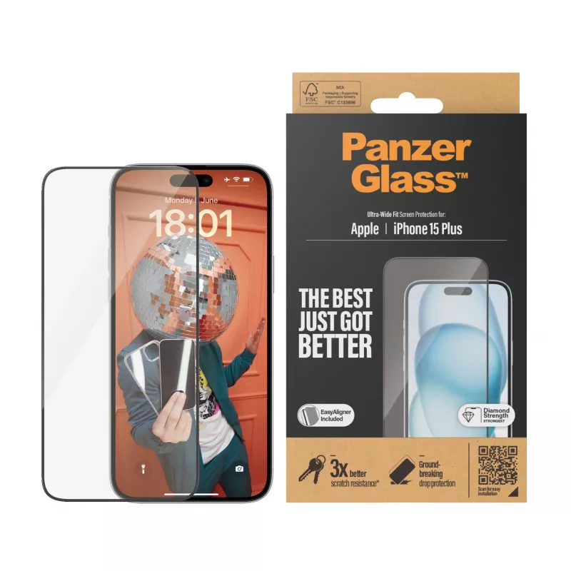 PanzerGlass ® Ekrano apsauga iPhone 15 Plus | Ultra-Wide Fit su EasyAligner
