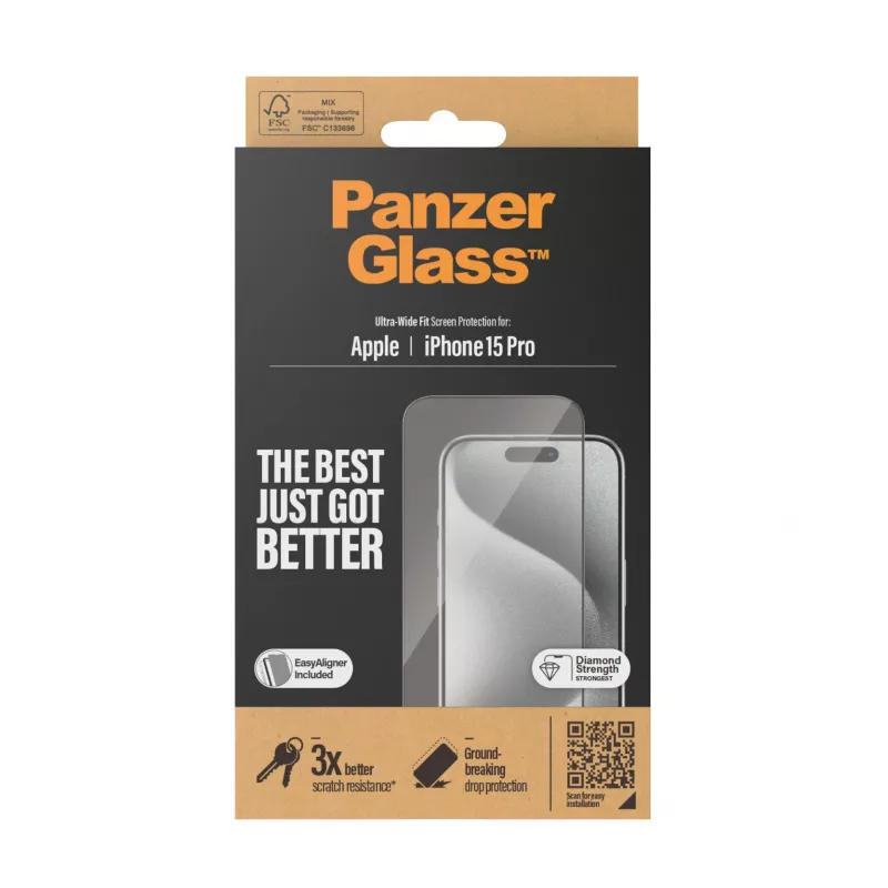 PanzerGlass ® Ekrano apsauga iPhone 15 Pro | Ultra-Wide Fit su EasyAligner