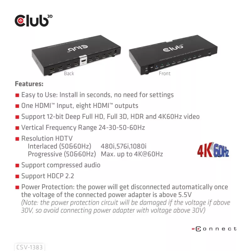 CLUB3D 1 į 8 HDMI™ skirstytuvas su Full 3D ir 4K60Hz (600MHz)