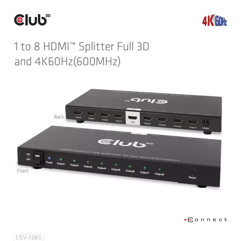 CLUB3D 1 į 8 HDMI™ skirstytuvas su Full 3D ir 4K60Hz (600MHz)