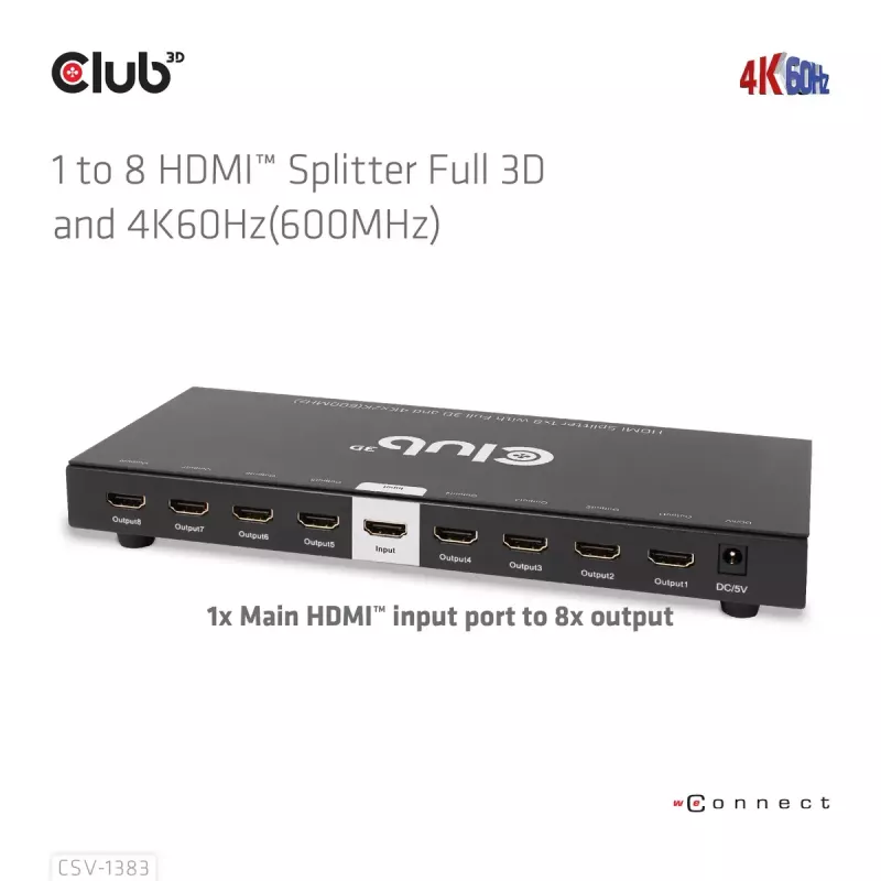 CLUB3D 1 į 8 HDMI™ skirstytuvas su Full 3D ir 4K60Hz (600MHz)