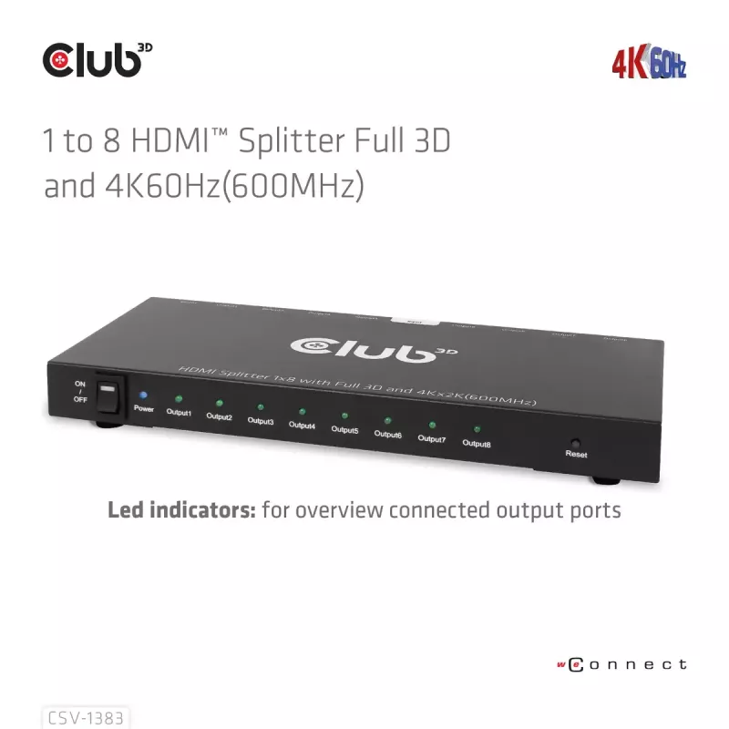 CLUB3D 1 į 8 HDMI™ skirstytuvas su Full 3D ir 4K60Hz (600MHz)