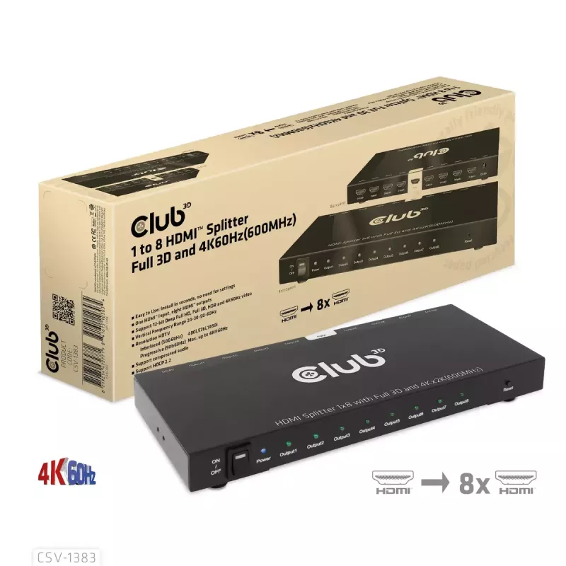 CLUB3D 1 į 8 HDMI™ skirstytuvas su Full 3D ir 4K60Hz (600MHz)
