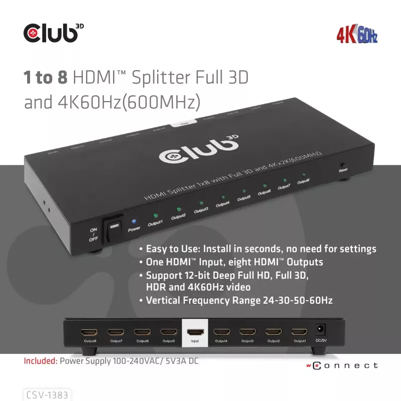 CLUB3D 1 į 8 HDMI™ skirstytuvas su Full 3D ir 4K60Hz (600MHz)