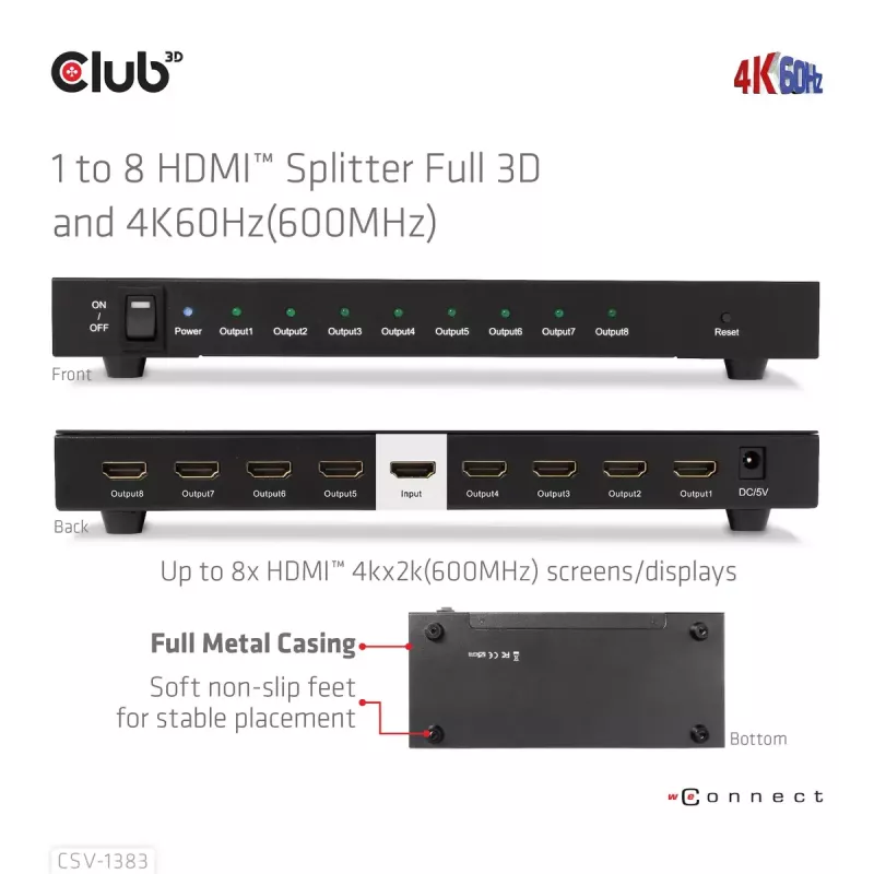 CLUB3D 1 į 8 HDMI™ skirstytuvas su Full 3D ir 4K60Hz (600MHz)