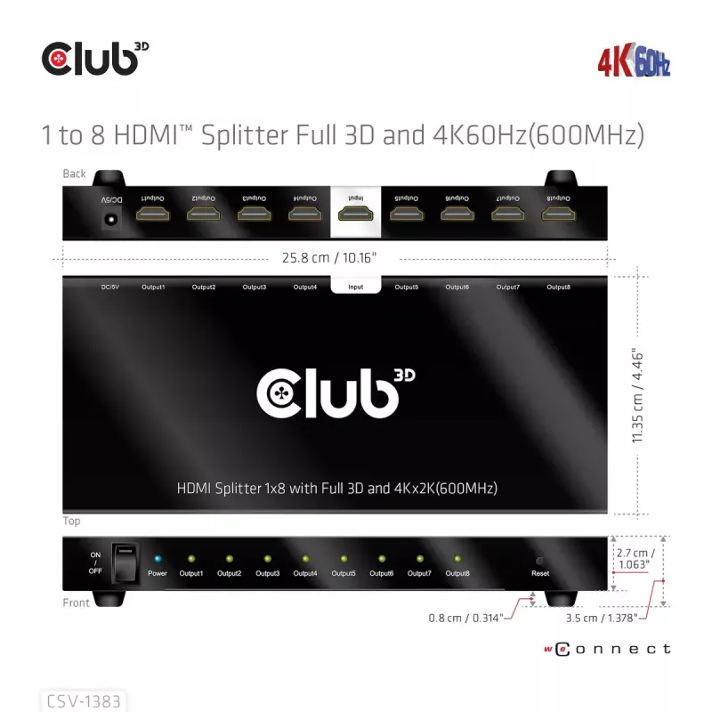 CLUB3D 1 į 8 HDMI™ skirstytuvas su Full 3D ir 4K60Hz (600MHz)