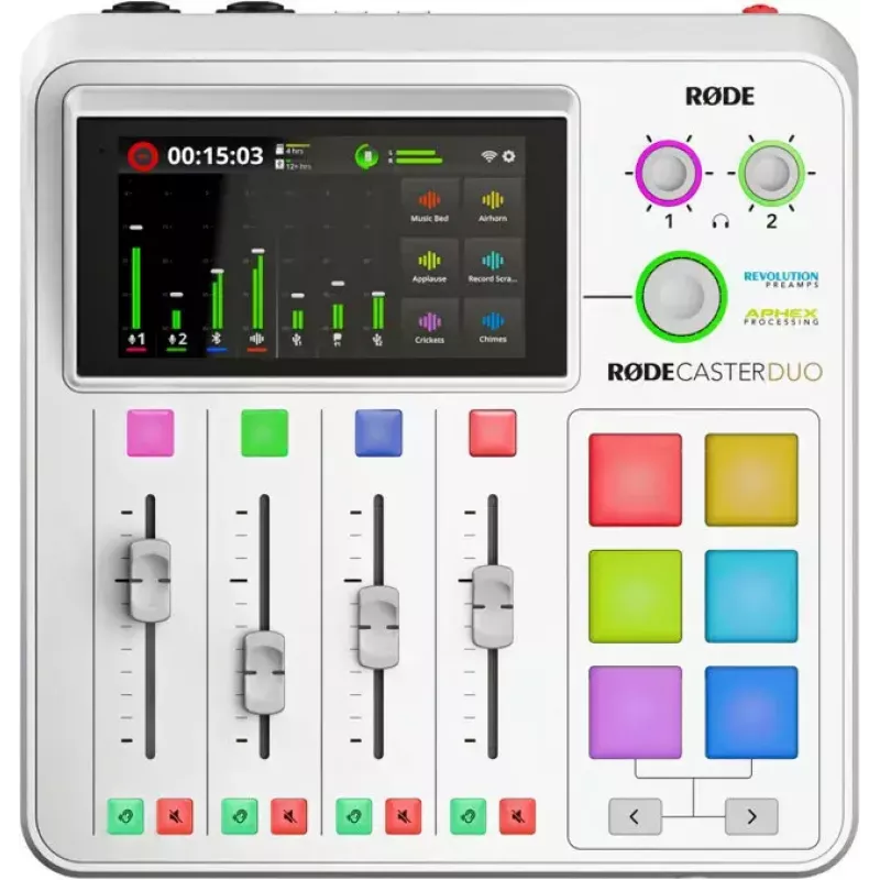 Garso sąsaja Rode RodeCaster Duo balta — 2 kanalų USB podcastinimo konsolė su mikseriu ir pirminiais stiprintuvais