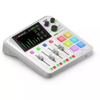 Garso sąsaja Rode RodeCaster Duo balta — 2 kanalų USB podcastinimo konsolė su mikseriu ir pirminiais stiprintuvais
