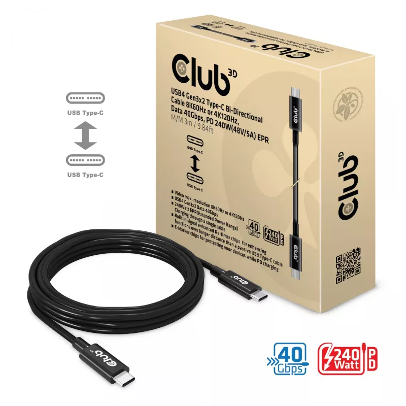 CLUB3D USB4 Gen3x2 Type-C dvikryptis kabelis 8K60Hz arba 4K120Hz, duomenų perdavimas 40Gbps, PD 240W(48V/5A) EPR M/M 3m / 9.84ft