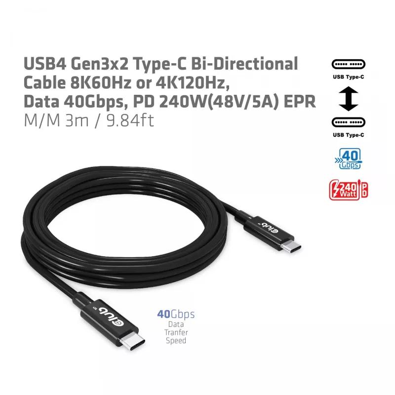 CLUB3D USB4 Gen3x2 Type-C dvikryptis kabelis 8K60Hz arba 4K120Hz, duomenų perdavimas 40Gbps, PD 240W(48V/5A) EPR M/M 3m / 9.84ft
