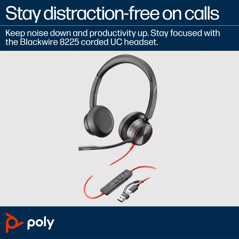 HP Poly Juodawire 8225 Stereo Microsoft Teams sertifikuotos USB-C ausinės + USB-C/A adapteris