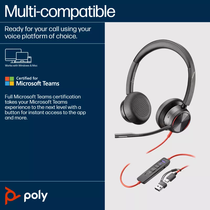HP Poly Juodawire 8225 Stereo Microsoft Teams sertifikuotos USB-C ausinės + USB-C/A adapteris