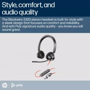 HP Poly Juodawire 3320 Stereo Microsoft Teams Certified USB-C Headset +USB-C/A Adapter