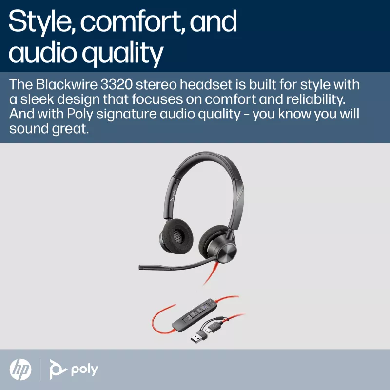 HP Poly Juodawire 3320 Stereo Microsoft Teams Certified USB-C Headset +USB-C/A Adapter