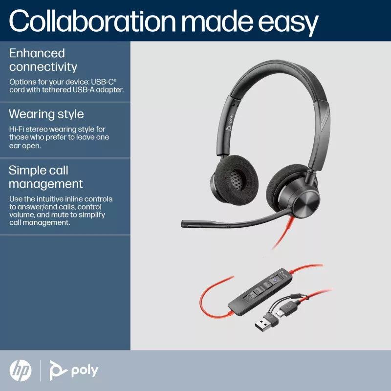 HP Poly Juodawire 3320 Stereo Microsoft Teams Certified USB-C Headset +USB-C/A Adapter