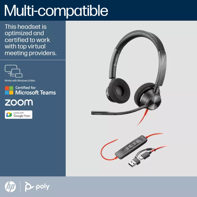 HP Poly Juodawire 3320 Stereo Microsoft Teams Certified USB-C Headset +USB-C/A Adapter