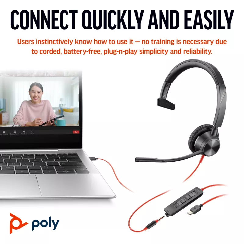 HP Poly Juodawire 3315 monofoninė USB-C ausinė +3,5 mm kištukas + USB-C/A adapteris