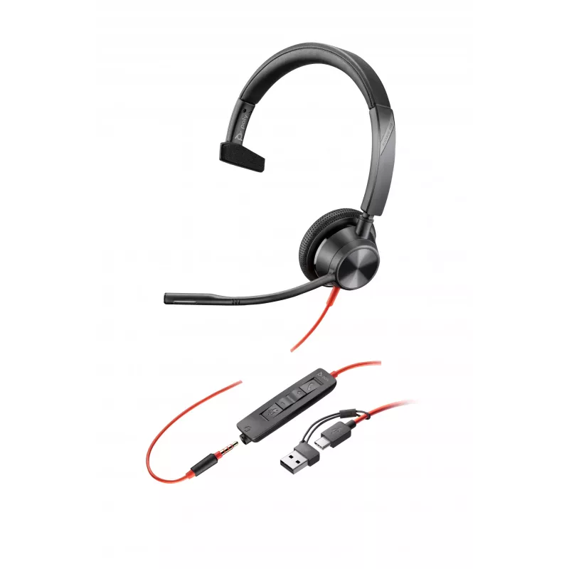 HP Poly Juodawire 3315 monofoninė USB-C ausinė +3,5 mm kištukas + USB-C/A adapteris