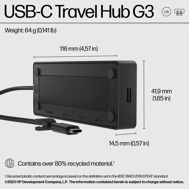 HP USB-C Travel Hub G3, USB 3.2 Gen 2 (3.1 Gen 2) Type-C, 65 W, 60 Hz, HDMI, USB 3.2 Gen 2 (3.1 Gen 2) Type-A, USB 3.2 Gen 2 (3.1 Gen 2) Type-C, Vietnam, Namai