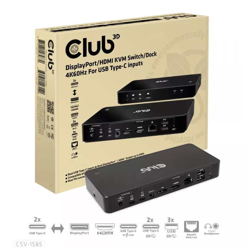 CLUB3D DisplayPort/HDMI KVM jungiklis/dokas 4K60Hz USB Type-C įvestims