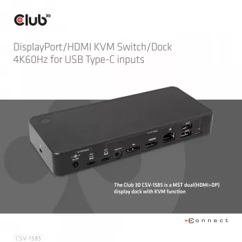 CLUB3D DisplayPort/HDMI KVM jungiklis/dokas 4K60Hz USB Type-C įvestims