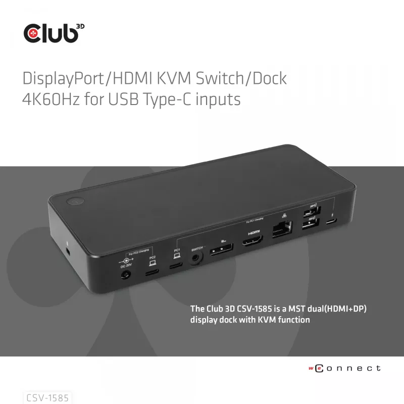 CLUB3D DisplayPort/HDMI KVM jungiklis/dokas 4K60Hz USB Type-C įvestims