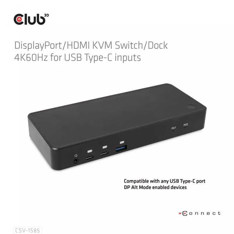 CLUB3D DisplayPort/HDMI KVM jungiklis/dokas 4K60Hz USB Type-C įvestims