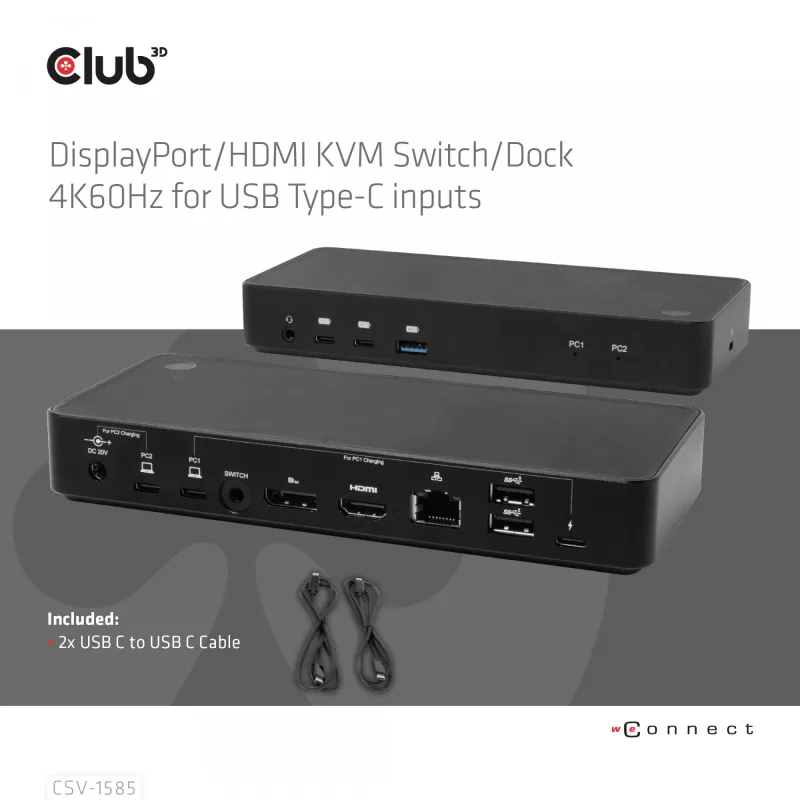 CLUB3D DisplayPort/HDMI KVM jungiklis/dokas 4K60Hz USB Type-C įvestims
