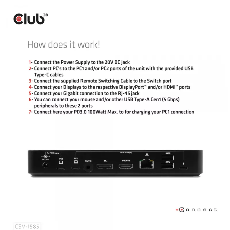 CLUB3D DisplayPort/HDMI KVM jungiklis/dokas 4K60Hz USB Type-C įvestims