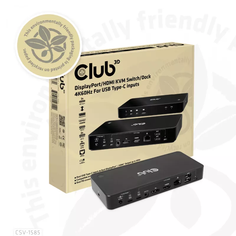 CLUB3D DisplayPort/HDMI KVM jungiklis/dokas 4K60Hz USB Type-C įvestims