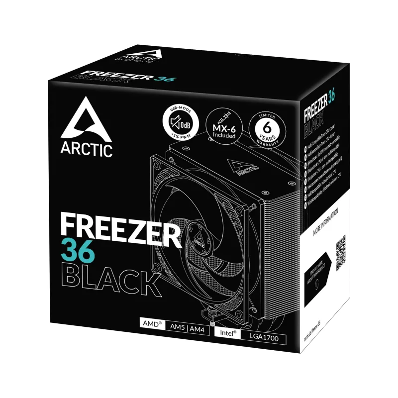 ARCTIC Freezer 36 (juodas) keliems lizdams suderinamas bokšto tipo procesoriaus aušintuvas, oro aušintuvas, 12 cm, 200 aps./min., 1800 aps./min., juodas