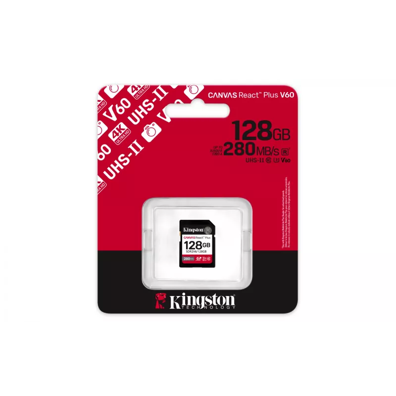 Kingston Technology 128 GB Canvas React Plus SDXC UHS-II 280R/100W U3 V60, skirta Full HD/4K