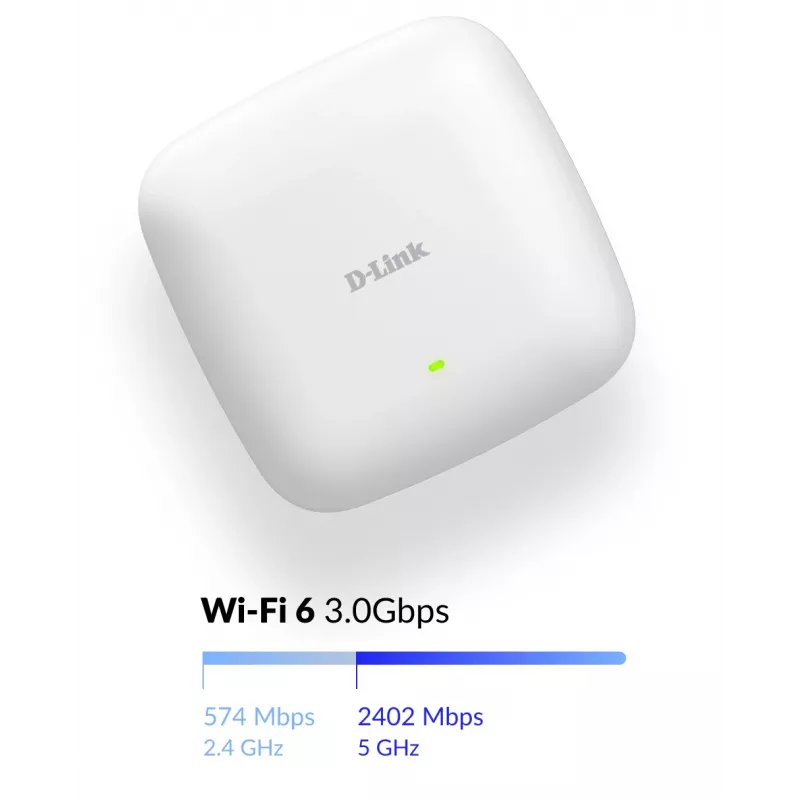 D-Link AX3000 Wi-Fi 6 dviejų juostų PoE prieigos taškas, 2.4 GHz, 5 GHz, 3000 Mbit/s, SNMP, SNMPv2, SNMPv3, WEP, WPA, WPA2, WPA3, 10,100,1000,2500 Mbit/s