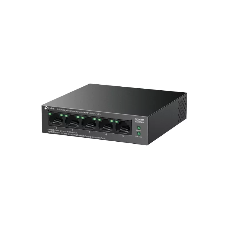 TP-LINK LiteWave 5 prievadų Gigabit darbalaukio jungiklis su 4 prievadų PoE+ (5x Gigabit, 4 PoE+, 65 W PoE biudžetas)