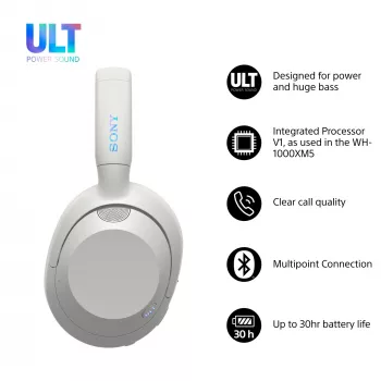 Ausinės Sony WH-ULT WEAR monauralinės, laidinės ir Bluetooth 5.2, ANC, 50h veikimo (ANC išjungtas), USB-C įkrovimas, baltos