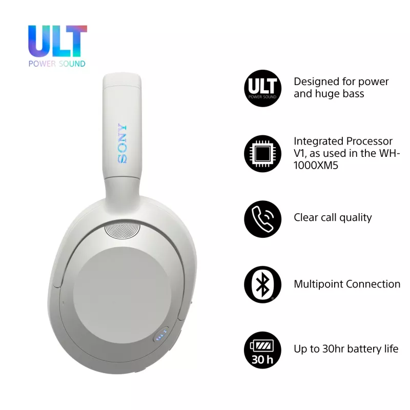 Ausinės Sony WH-ULT WEAR monauralinės, laidinės ir Bluetooth 5.2, ANC, 50h veikimo (ANC išjungtas), USB-C įkrovimas, baltos