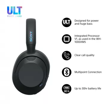 Ausinės Sony ULT WEAR monauralinės USB/Bluetooth 5.2, ANC, 30–50 h baterija, 3,5 mm, USB‑C įkrovimas, 255 g