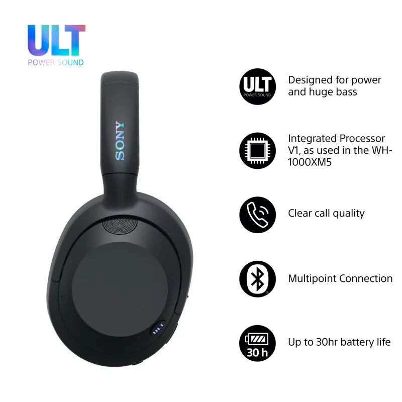 Ausinės Sony ULT WEAR monauralinės USB/Bluetooth 5.2, ANC, 30–50 h baterija, 3,5 mm, USB‑C įkrovimas, 255 g