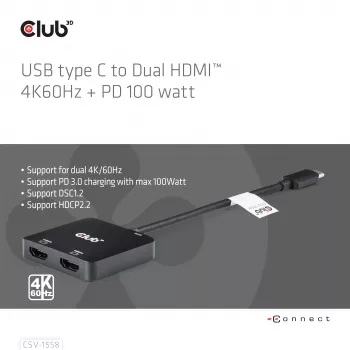 CLUB3D USB-C® šakotuvas į du HDMI™ 4K60Hz M/F+PD3.0 100 W