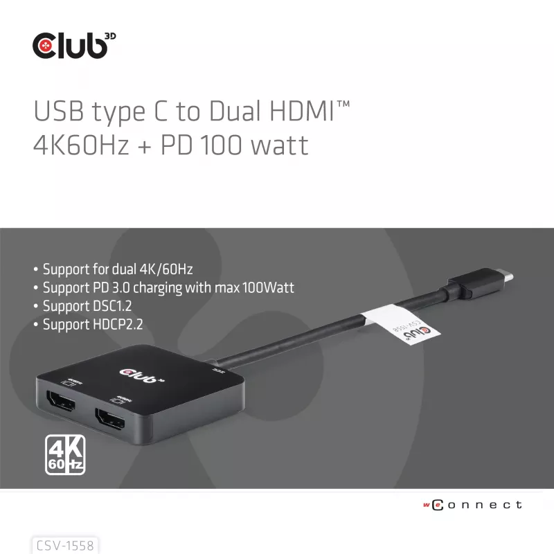 CLUB3D USB-C® šakotuvas į du HDMI™ 4K60Hz M/F+PD3.0 100 W