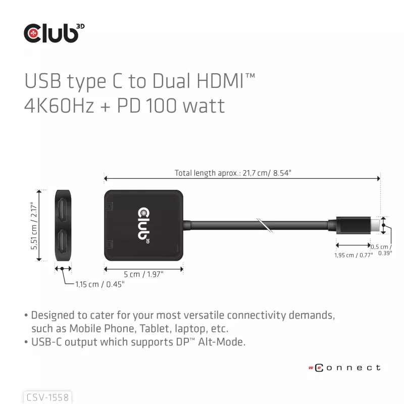 CLUB3D USB-C® šakotuvas į du HDMI™ 4K60Hz M/F+PD3.0 100 W