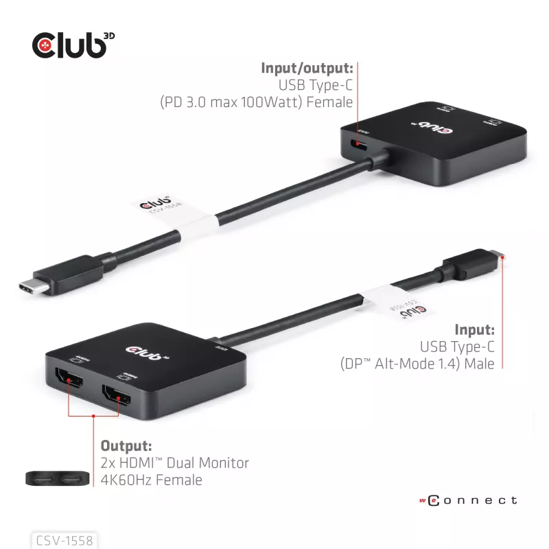CLUB3D USB-C® šakotuvas į du HDMI™ 4K60Hz M/F+PD3.0 100 W