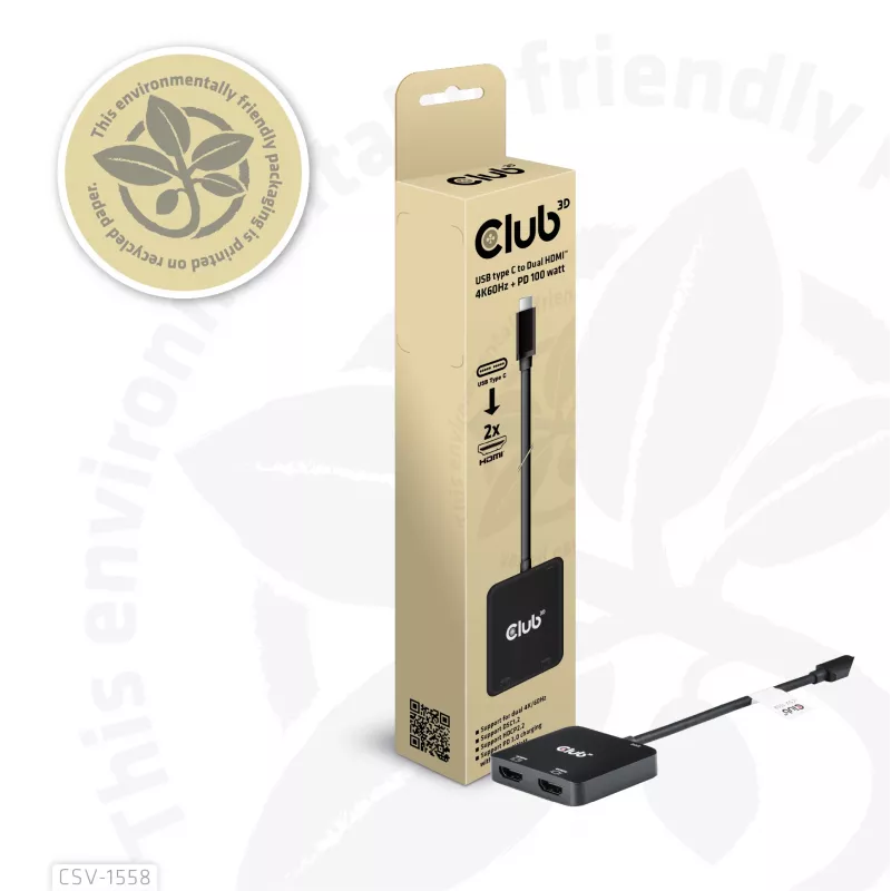 CLUB3D USB-C® šakotuvas į du HDMI™ 4K60Hz M/F+PD3.0 100 W